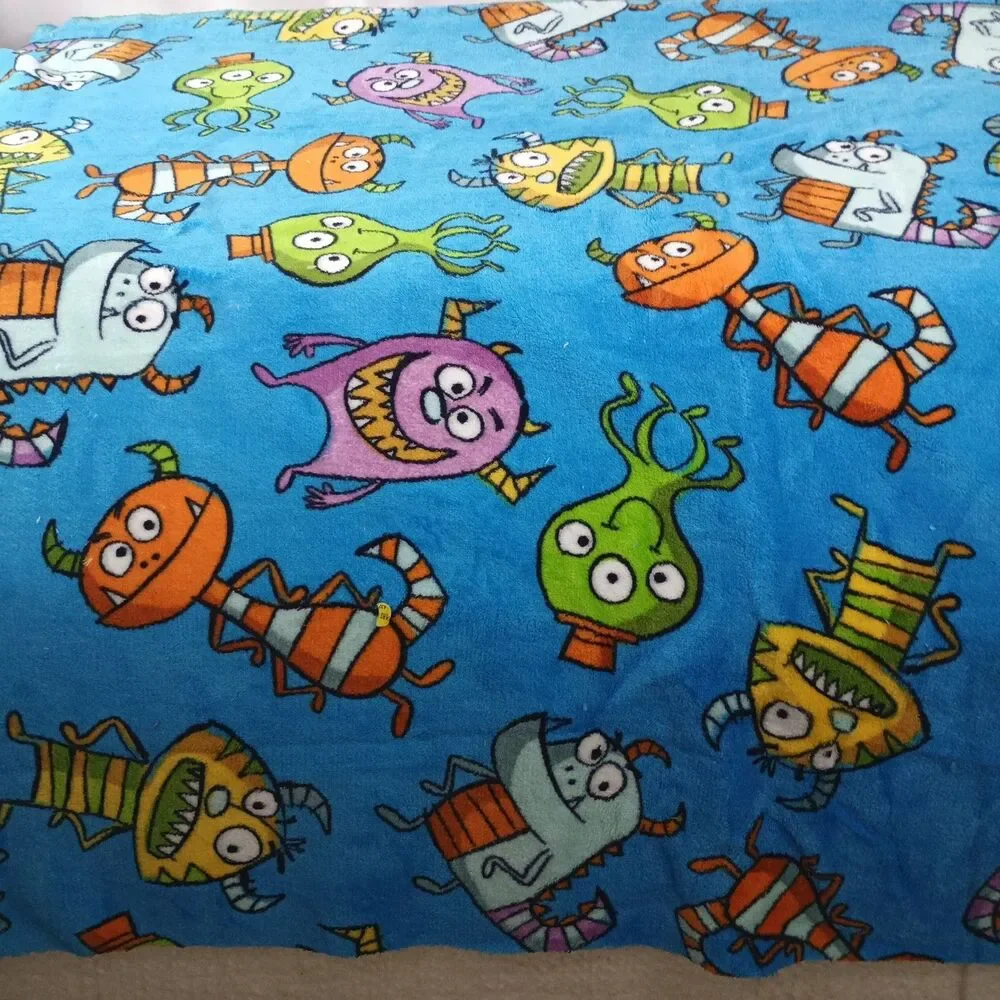 Silly Monsters Fleece Fabric Remnant Blue 1 Yard x 30